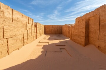 A captivating desert labyrinth featuring tall sand walls that create intricate pathways, with the sun casting long shadows throughout the maze