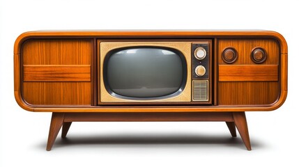Obraz premium A vintage wooden television set with a black and white screen and chrome accents.