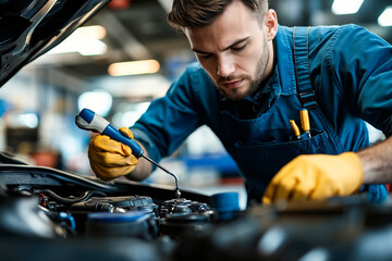 A man in a blue overalls and yellow gloves working on a car engine - Powered by Adobe