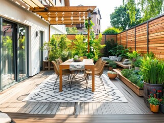 Fototapeta premium Modern contemporary garden with a wooden terrace, a dining table and chairs on a grey deck, and a white patterned rug, surrounded by potted plants and a wood fence. Sunny day.