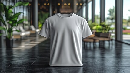A plain white t-shirt displayed in a modern indoor setting.