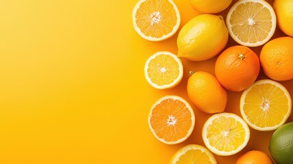 A vibrant arrangement of fresh citrus fruits, including oranges, lemons, limes, and grapefruits, set against a bright and sunny background.