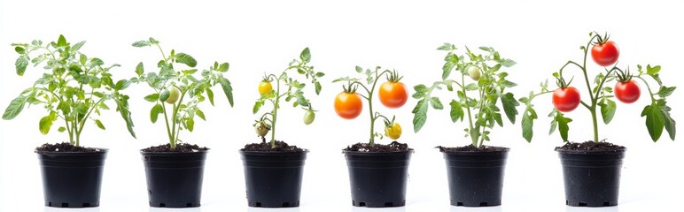 Set of tomato plants in pots and growing on the soil, isolated on a white background. Detailed