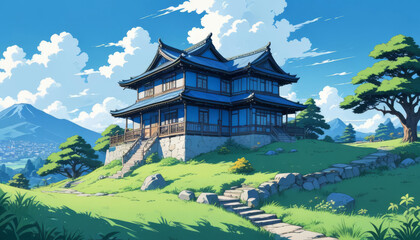 Obraz premium Blue wooden house on top of green hill