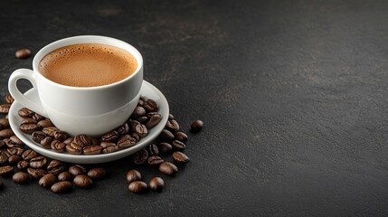 A white cup of coffee with coffee beans on a dark background, with space for text.