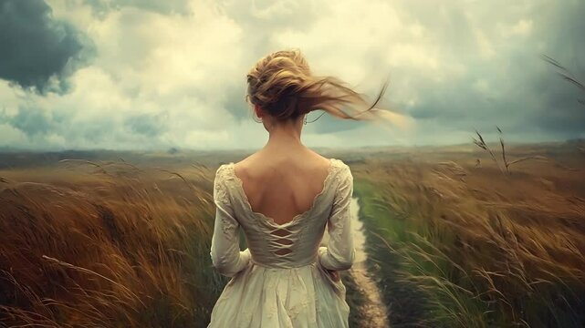 Elegant Woman Walking in Windy Field with Dramatic Sky