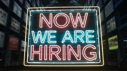 Obraz premium Neon sign in a cyberpunk alleyway reads NOW WE ARE HIRING.