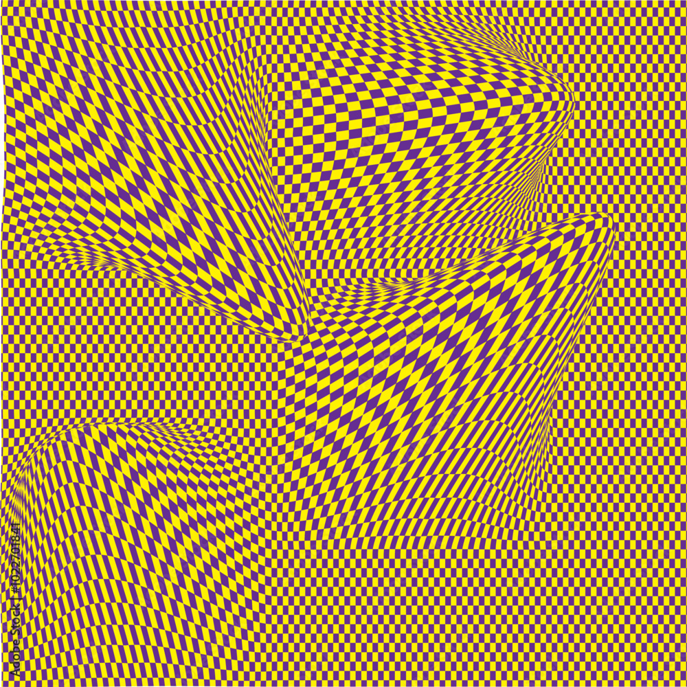 Poster psychedelic checkerboard background with warped wavy grid tile. twisted checkered seamless geometric