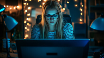 Woman in glasses focuses on laptop screen in a dimly lit room.