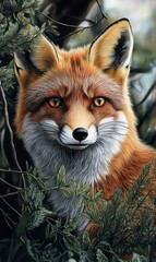 Fototapeta premium Red fox peering from forest foliage.