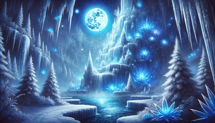 Obraz premium A Majestic Icefall in Deep Blue Tones Surrounded by Intricate Ice Formations and Snow-Covered Trees, Illuminated by Moonlight in a Mystical Winter Fantasy World