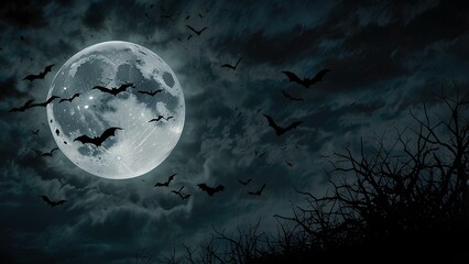 Fototapeta premium Bats Flying Across a Moonlit Sky: Eerie Silhouettes Create a Spooky Atmosphere