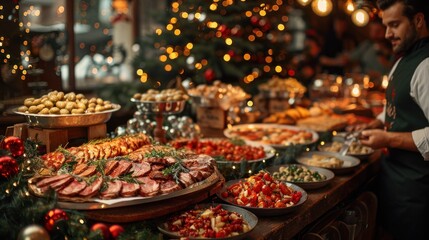 A festive celebration with a bountiful holiday feast in a cozy, warmly lit setting surrounded by decorations. Generative AI