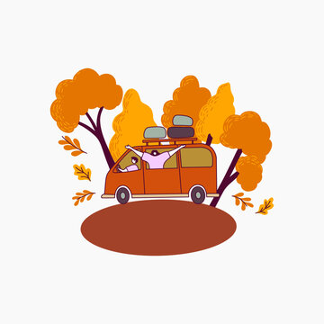 recommend clip art: A Cartoon Illustration of a Red Car Driving Through a Forest in Autumn
