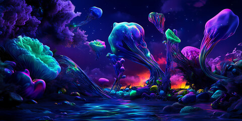 A surreal dreamscape with glowing, iridescent bioluminescent mushrooms.