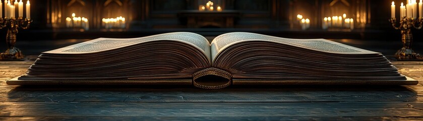 Obraz premium Empty pages of a large book on a stand, surrounded by candlelight in a dark, elegant room, creating a serene and contemplative mood, timeless and inviting