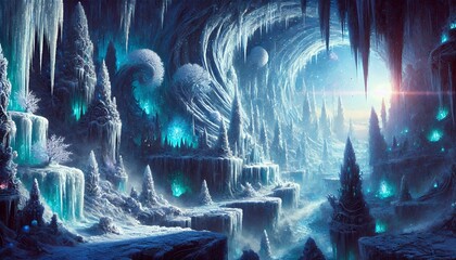 A mystical and beautiful winter fantasy landscape featuring a majestic close-up view of a stunning icefall with hints of purple and emerald green in a serene frozen world