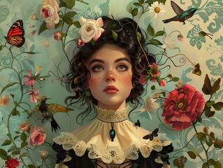 Floral Portrait of a Woman with Birds and Butterflies