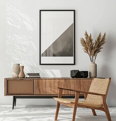 Modern interior design, a mockup poster frame on the wall with a wood sideboard and armchair, against a white background