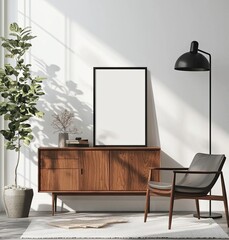 Modern interior design, a mockup poster frame on the wall with a wood sideboard and armchair, against a white background