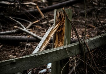 Obraz premium Broken fence post in a woodland setting depicting decay and nature's resilience