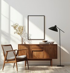 Modern interior design, a mockup poster frame on the wall with a wood sideboard and armchair, against a white background
