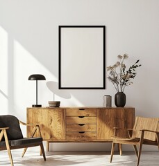 Modern interior design, a mockup poster frame on the wall with a wood sideboard and armchair, against a white background