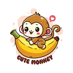 Cute cartoon monkey sitting on a big banana. Vector illustration.