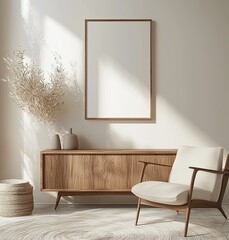 Modern interior design, a mockup poster frame on the wall with a wood sideboard and armchair, against a white background