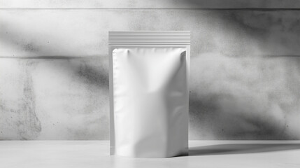 White stand-up pouch mockup on a gray concrete background.