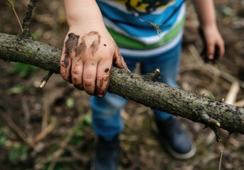 Obraz premium Child exploring nature with muddy hands and branch in outdoor adventure