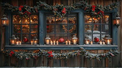Fototapeta premium A cozy winter window display adorned with festive lights, candles, and decorations in a rustic setting. Generative AI