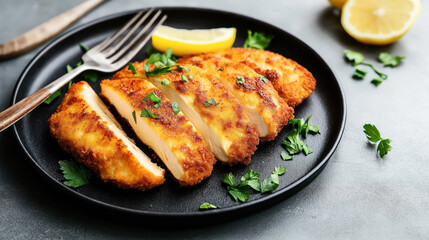 Crispy breaded chicken breast slices on a black plate garnished with fresh parsley and lemon wedges, with a fork placed beside the dish.
