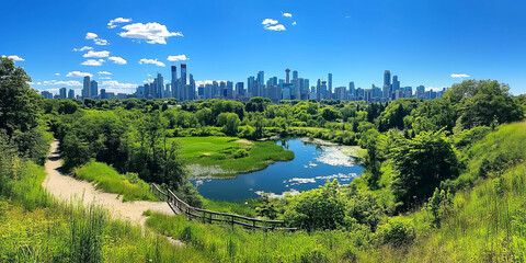 Fototapeta premium A winding path leads to a scenic overlook of a lake, with a cityscape in the background.