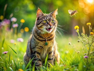 Candid Cat Photography: Feline Hissing at Tick in Grass - Nature and Pets