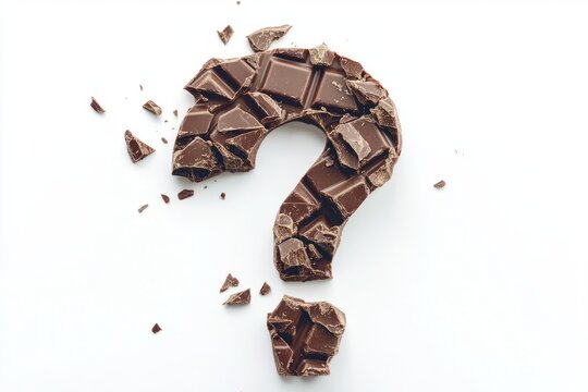 Chocolate bar chunks arranged in a question mark shape on a white background.