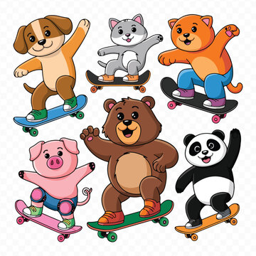 A collection of cartoon animals on a skateboard with a cartoon rabbit pig panda dog zebra fox cat bunny fox bear kangaroo penguin giraffe