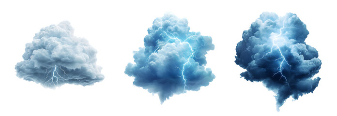 Three storm clouds emitting bright lightning strikes.