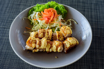 Thai food menu Close-up, Crispy Pork, Thai food, street food.