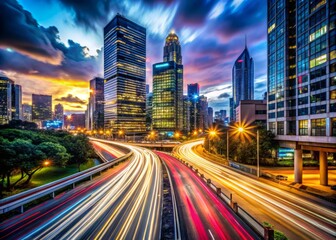Fototapeta premium Captivating Long Exposure Night Scene Capturing the Drama of Urban Life
