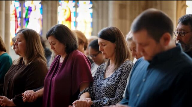 Sense of devotion and spiritual fulfill with christian catholic follower immerse in faith. Slow motion christian people practicing group prayer, holding hand while praying together. Burgeoning