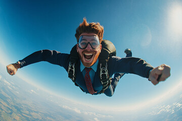 Man in a business suit skydiving with goggles and a parachute smiling confidently against a bright blue sky

