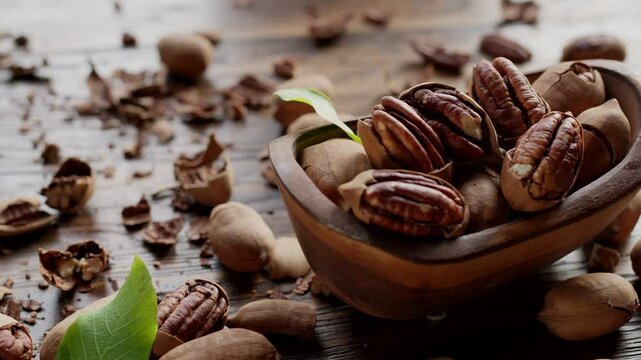 Pecans in a wooden bowl with pecan leaves and nut shells - close-up video, camera slow motion. 