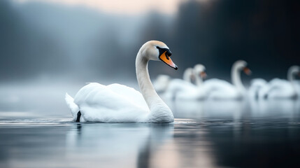 Fototapeta premium A graceful swan swimming on a serene lake with a flock of swans in the background, captured during a misty dawn or dusk.