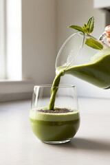 A glass of green smoothie being poured.