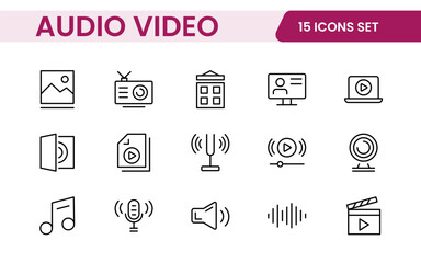 Audio Video Icons Pack. Thin line icons set. Flat icon collection set. Simple outline icons.