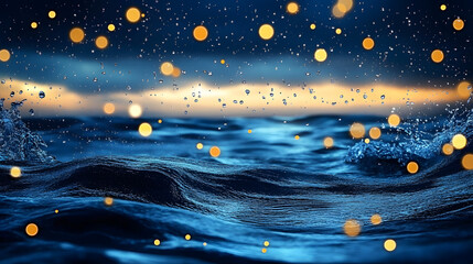 Fototapeta premium A photo of a dark blue ocean with multiple lights on the water and an abundance of bubbles in the atmosphere