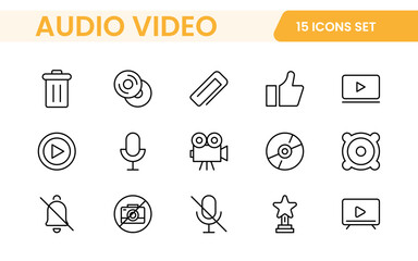 Audio Video Icons Pack. Thin line icons set. Flat icon collection set. Simple outline icons.
