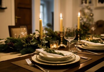 Elegant holiday dinner table setting with candles and evergreen decor for festive gatherings