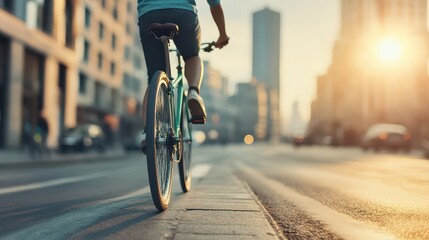 A cyclist rides along an urban street at sunset, showcasing the vibrant blend of city life and outdoor adventure.